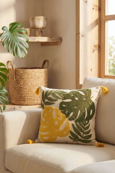 Valmia Home Decorative Punch Embroidered Tassel Cushion Cover 42X42 cm - Green Mustard Leaf Patterned Bohemian Pillow