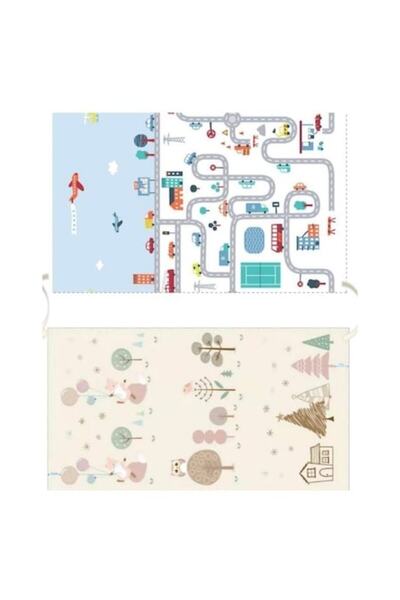 Avaleea Covoraș termic de joacă cu 2 fețe, model de pistă cu vulpe și mașină