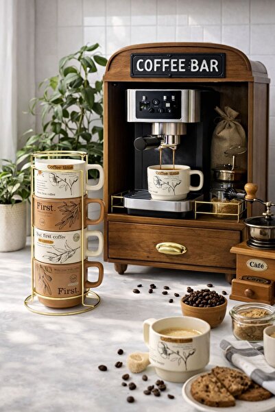 NEWNOW Coffee First 4-Piece Porcelain Mug Set with Metal Stand |   Patterned ...