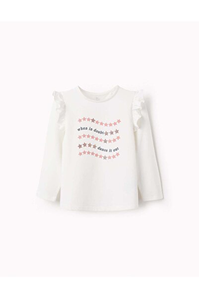Ziddy Long-Sleeved T-Shirt with Frills and Glitter for Girls, White