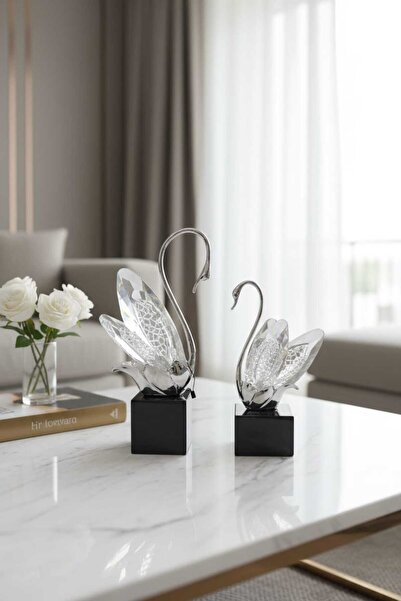 Furkan DEKORATİF AYAKLI KRİSTAL CAM 2Lİ KUĞU SETİ GÜMÜŞ