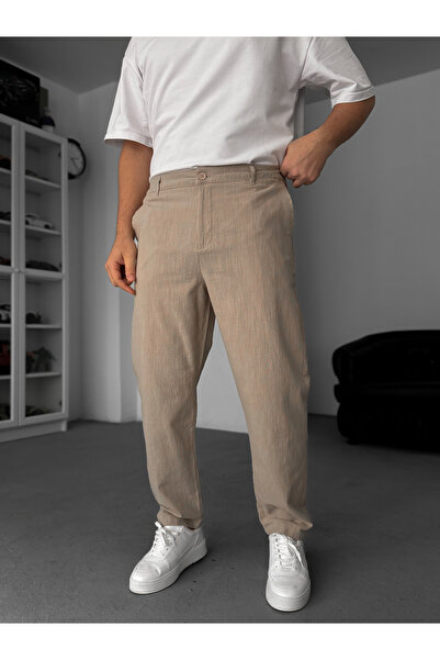 BYBASICMAN Beige Linen Textured Regular Fit Trousers Tw-1009