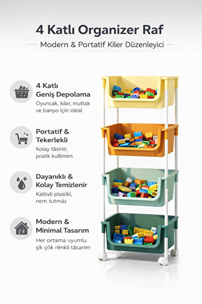 Single 4 Katlı Tekerlekli Organizer Oyuncak Dolabı Banyo Rafı Mutfak Rafı Kil...
