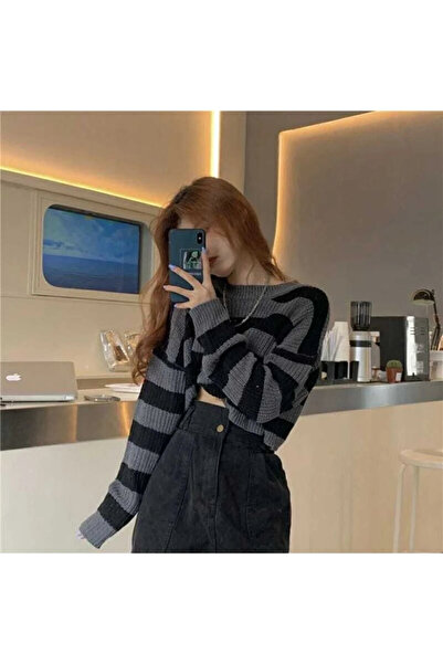 bysoca Women's Black Gray Striped Thessaloniki Knit Crew Neck Long Sleeve Ove...