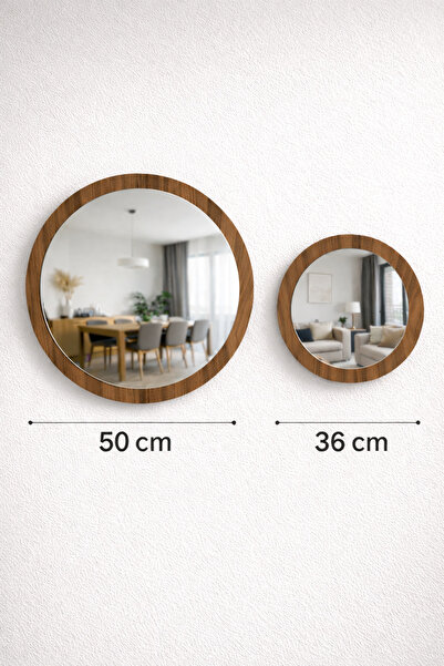 Digital 2'li Masif Ahşap Yuvarlak Ayna Seti (50+36 cm) - Doğal Ahşap Çerçevel...