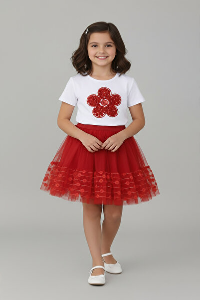 FATELLA Set pentru fetițe cu tricou brodat cu flori roșii și model la tivul f...