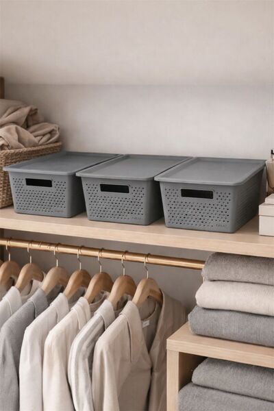 Bayev Grid Gray 3 Pieces 4 Liter Organizer Box with Lid - In-Cabinet Organize...