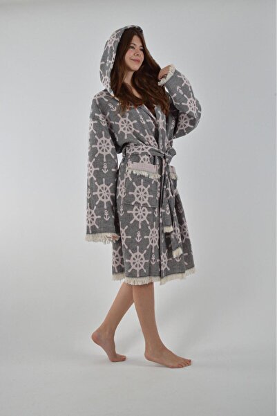 TARZ PEŞTEMAL %100 pamuk kapşonlu jagarlı müslin bornoz