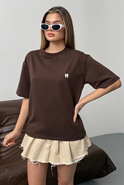 GİYSA Women's Crew Neck Bow Embroidered 2-Strand T-Shirt Brown - 26Y 26601