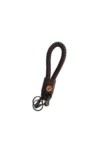 BMW Metal Keychain with Braided Brown Leather and Logo