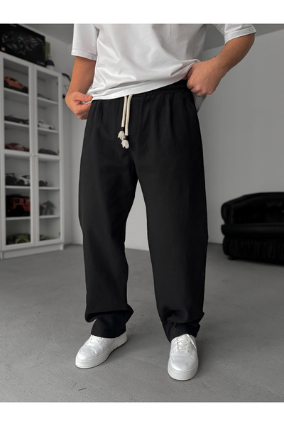 BYBASICMAN Pantaloni largi din in negru cu textură TW-1008