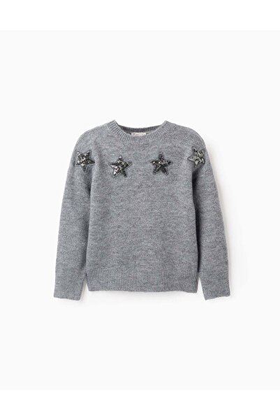 Ziddy Knitted Jumper with Stars and Sequins for Girls, Grey