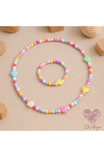 Darya DD735 Pastel Renkli Kalpli Boncuk Kolye ve Bileklik Seti Çocuk Kız
