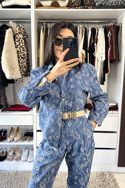 TOPSHOW Cep Detaylı Çiçek Motif İşlemeli Gömlek - Mavi MAVİ