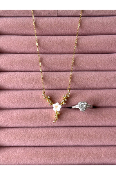 ACQUA BELLA 316L Çelik Manolya Çiçeği Sarmaşık Kolye ve Kalpli Yüzük Kadın Ka...