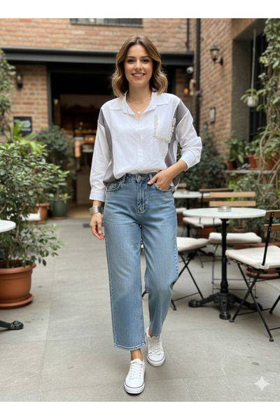 Moda Palmiss Women's White Embellished Long Sleeve Shirt with Pocket Detail –...