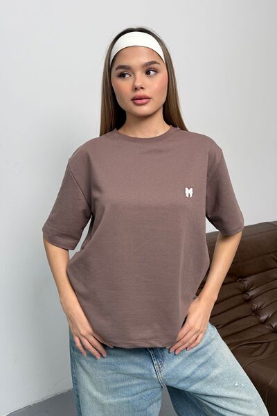 GİYSA Women's Crew Neck Bow Embroidered 2-Strand T-Shirt Light Brown - 26Y 26601