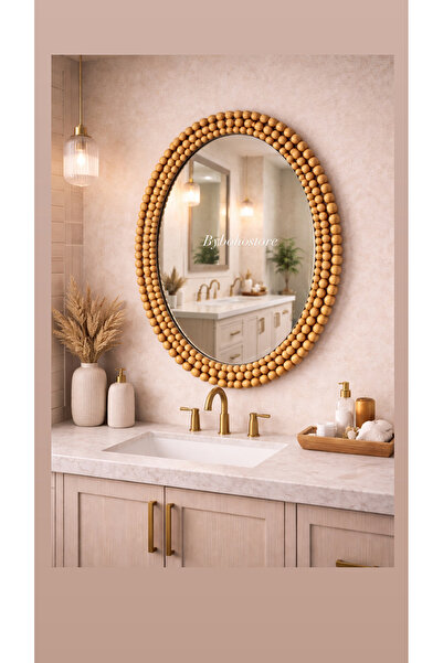 GLSTN By Bohostore Oval Ahşap Boncuklu Duvar Aynası – Doğal Ahşap Banyo & Lav...