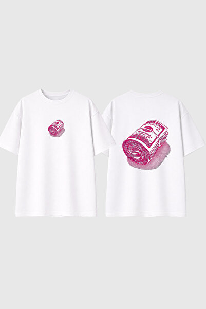 urbvn Pink Money Design Printed White Oversize T-Shirt
