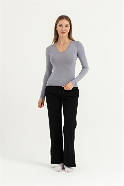 OBJE Women's Gray Viscose Long Sleeve V-Neck Body