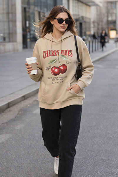Polo State Women's Beige Cherry Printed Oversize Hooded Sweatshirt Hoodie