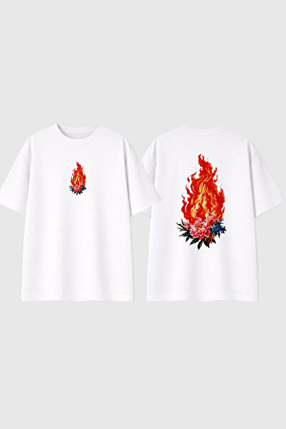 urbvn Tricou supradimensionat alb cu imprimeu Fire And Flower Design