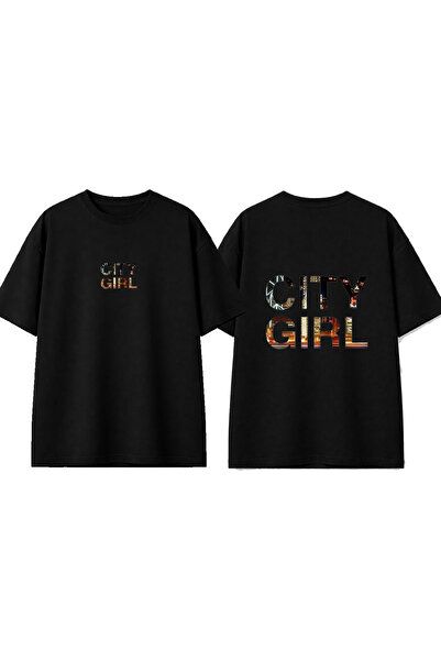 urbvn City Girl Design Printed Black Oversize T-Shirt