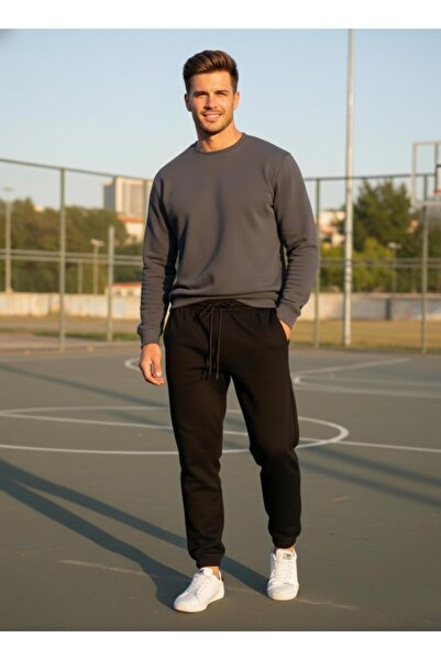 OBJE Men's Black Plain 3 Thread Basic Sweatpants