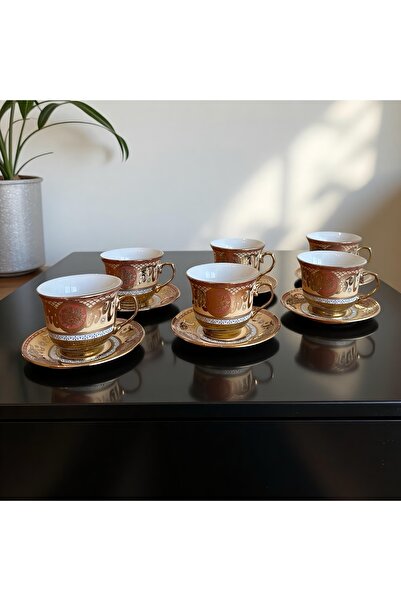 Malooki Elegant Gold Tea & Coffee Set, 6 Mugs with 6 Saucers in Decorated Por...