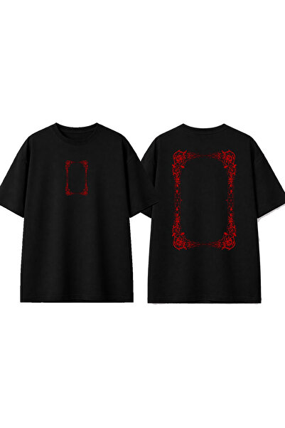 urbvn تي شيرت أسود كبير الحجم بتصميم إطار أحمر مطبوع