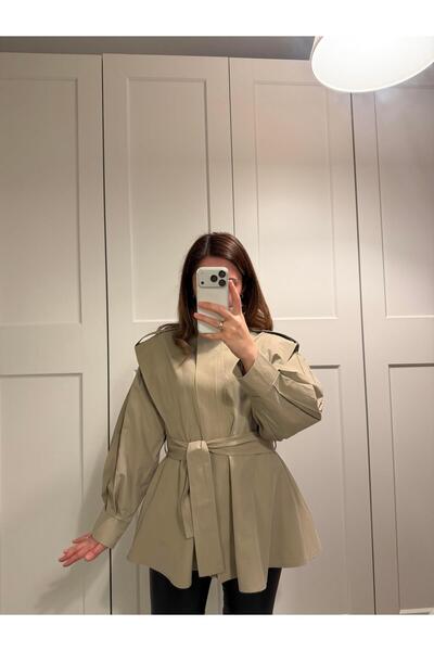 KASSEL Dik Yaka Kuşaklı Premium Trençkot Haki