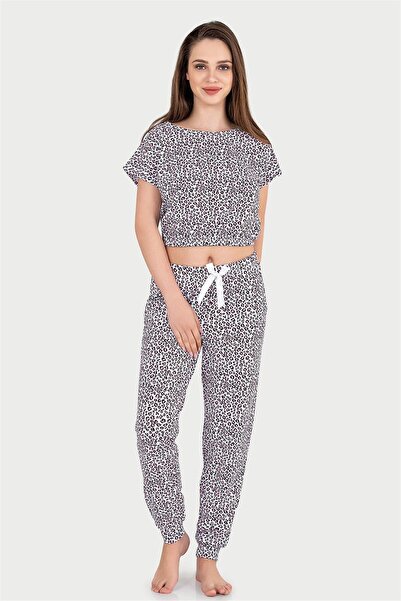 OBJE Women's Pink Detailed Pocketed Leopard Patterned Tape Leg Pajamas