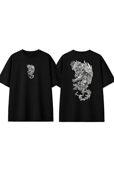 urbvn Ancient Lion Design Printed Black Oversize T-Shirt