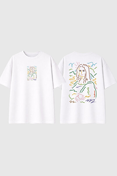 urbvn Mona Lisa Draw Design Printed White Oversize T-Shirt