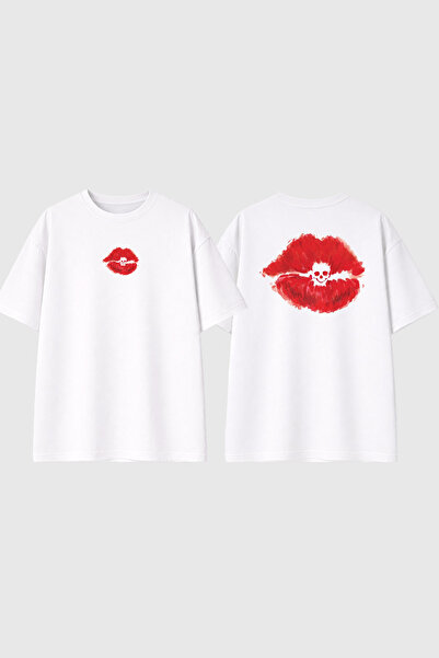 urbvn Lips Skull Design Printed White Oversize T-Shirt