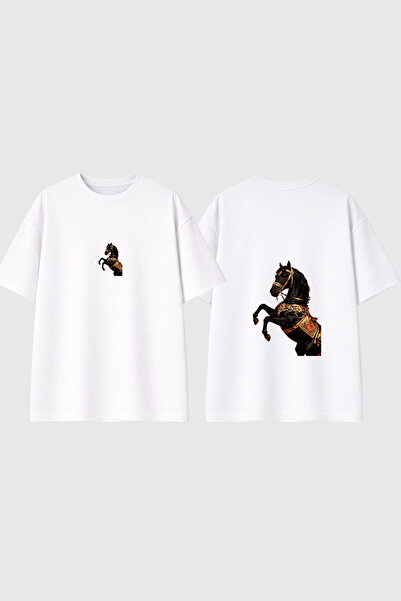 urbvn Horse Gold Design Printed White Oversize T-Shirt