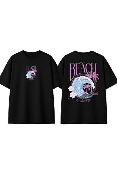 urbvn Μπλουζάκι με στάμπα Beach Life Design σε μαύρο χρώμα και oversized γραμμή