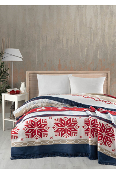 Sivalde Firenge Cotton Double Blanket |   Navy Blue/Red, 200X220 cm