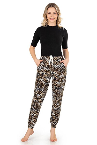 OBJE Kadın Leopar Desenli Şardonlu Desenli Bant Paça Pijama Altı