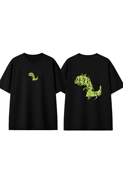 urbvn تي شيرت أسود كبير الحجم مطبوع بتصميم ديناسور درو