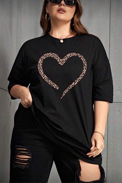 Oksit Love Women's Large Size Oversized Printed Crew Neck Cotton T-Shirt Rela...