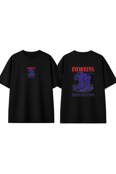 urbvn تي شيرت أسود كبير الحجم مطبوع بتصميم كاو جيرل