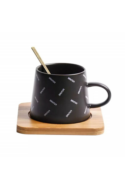 PUFO Ceramic mug with wooden stand and Future spoon for coffee or tea, 220 ml...