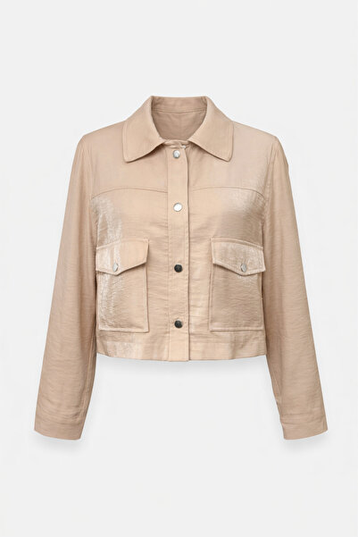 codemark Women's Beige Short Jacket – Buttoned, Pocket Detail, Modern Cut