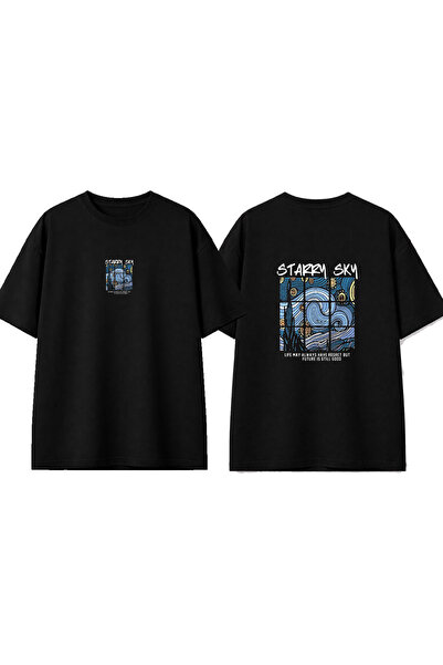 urbvn تي شيرت أسود كبير الحجم مطبوع بتصميم ستاري سكاي
