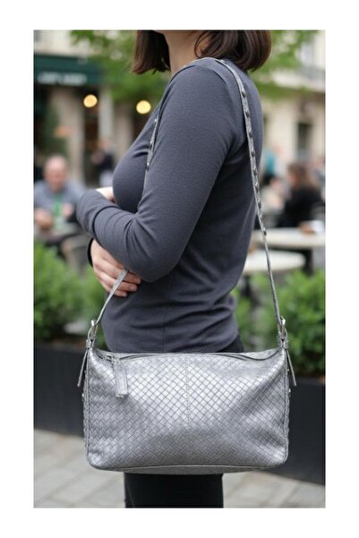 alaracanta Gray Braided Suede Women's Handbag with Drop Detail