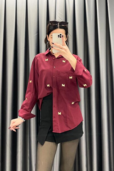 Mistix Cat Embroidered Basic Shirt - Burgundy Bordo