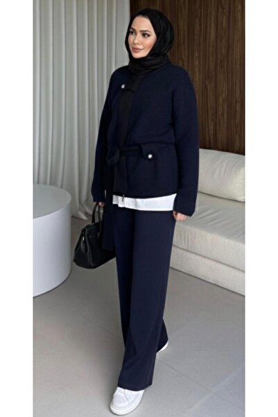 Cockatoo Set de pantaloni cardigan cu centură pentru femei, tip half-fisherma...