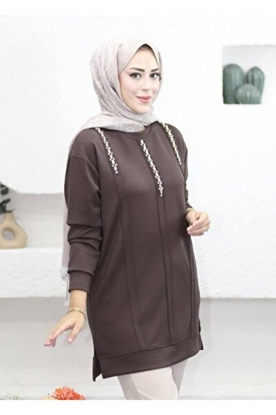 Nefise Kahverengi Yaka Taş Detaylı Tunik