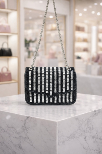 ÇÇS Black Women's Shoulder Bag with Stone Embellished Chain Strap
